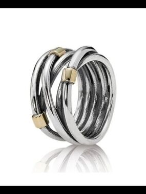 Pandora 925 Sterling Silver Rope Wide Band Ring with 14k Gold Accents Size 56